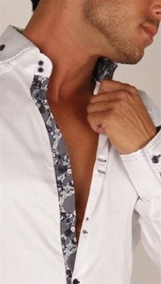 Preview Mens White Dress Shirt w/ Grey Pattern Contrast