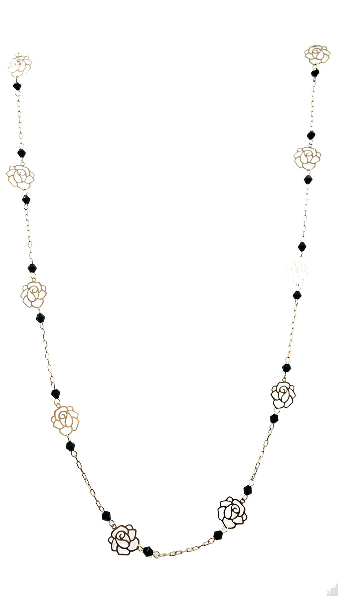 Gold Cut Out Rose Necklace Black Beads