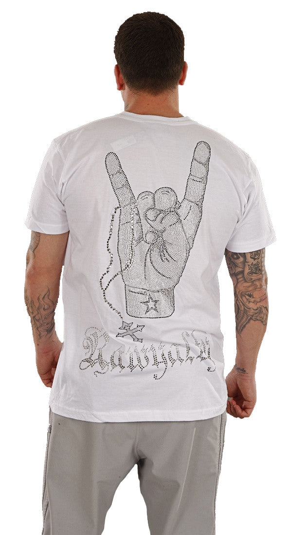 Rawyalty Mens Rock On Hang Loose Rosary Rhinestone Tee Shirt in White
