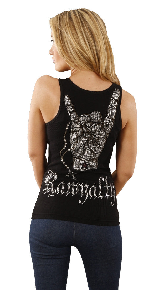Rawyalty Rock On Rosary Rhinestone Ribbed Cotton Tank Top Shirt in Black 