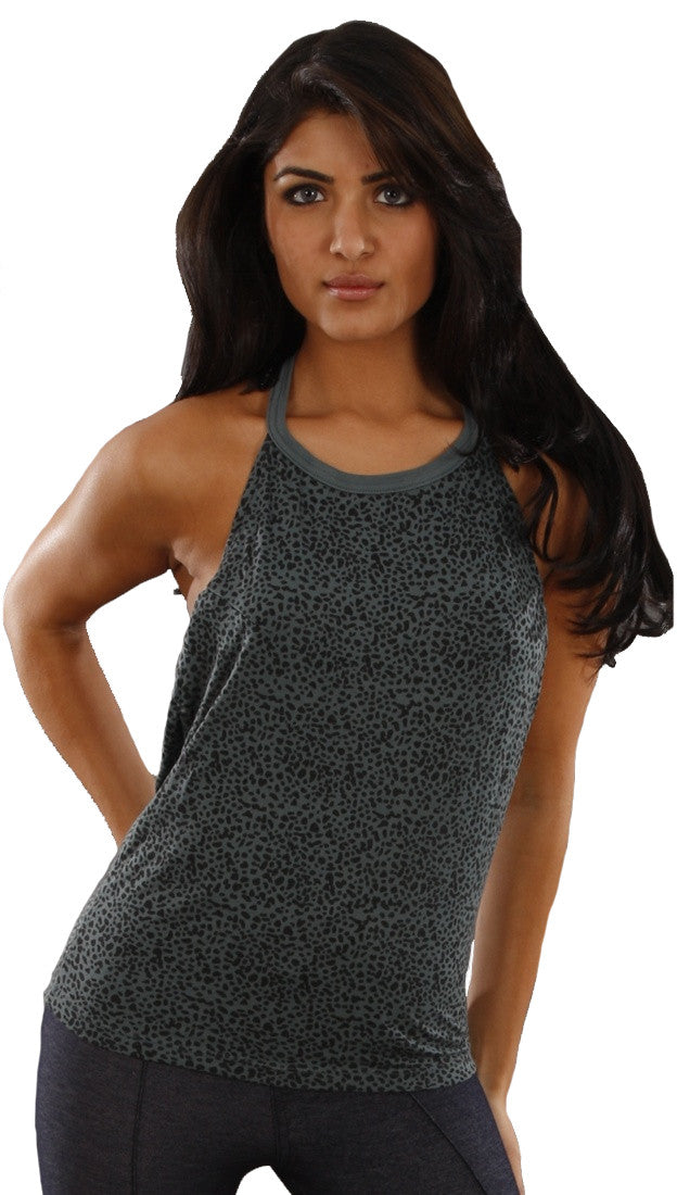 Religion Sparkle Sequin Tail Open Back Halter Tank in Gray Leopard