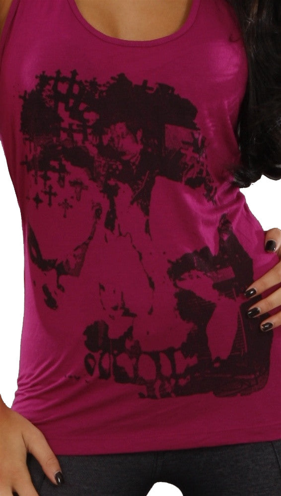 Religion X-Ray Skull Head Racerback Bead Detail Tank in Violet Pink 