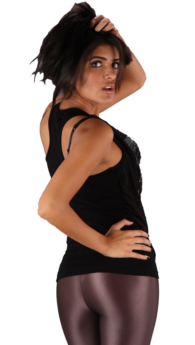 Religion Chain Pearl Necklace Top Black Tank 