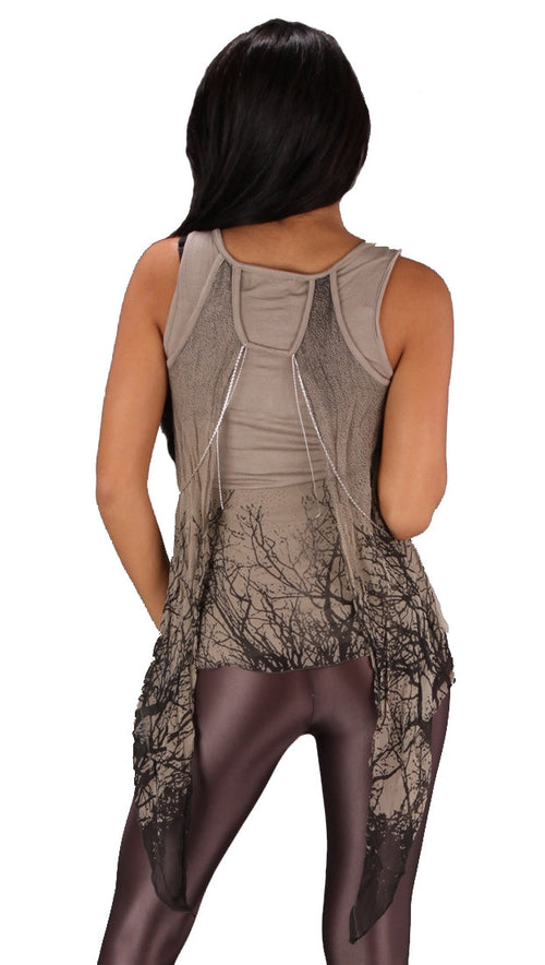 Religion Tree Top Taupe Cami Stretch Tank Silver Necklace Chain Sheer Chiffon Wing Vest 