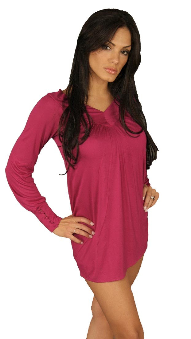 Revolver Tarina V Neck Tunic Shirt Mini Dress Button Cuff Blouse Top Fuschia Pink