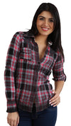 Roar Brandy Button Down Western Floral Embroidered Shirt in Red Black Plaid 