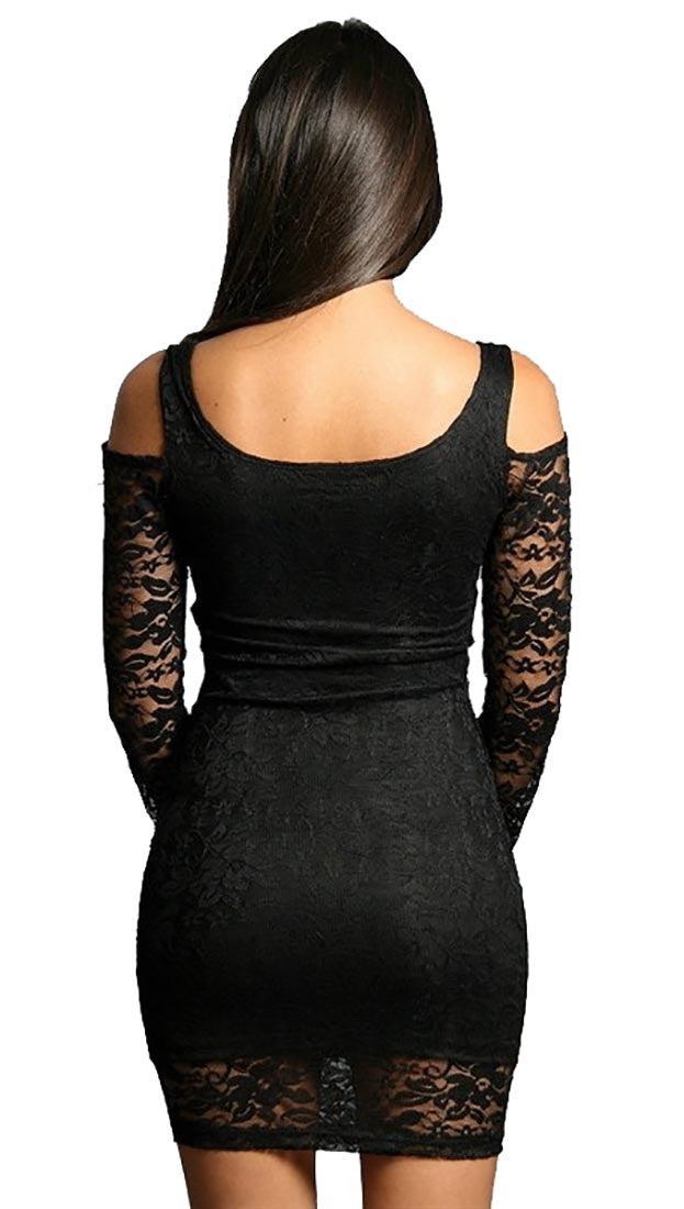 Rockstar Runway Long Sleeve Cold Shoulder Lace Mini in Green