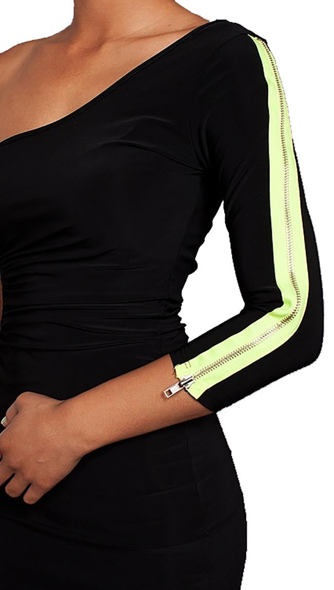 Rockstar Runway Side Cut Out One Sleeve Neon Green Zipper Mini