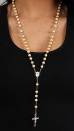 Classic Tan Wood Bead Rosary w/ Silver Cross
