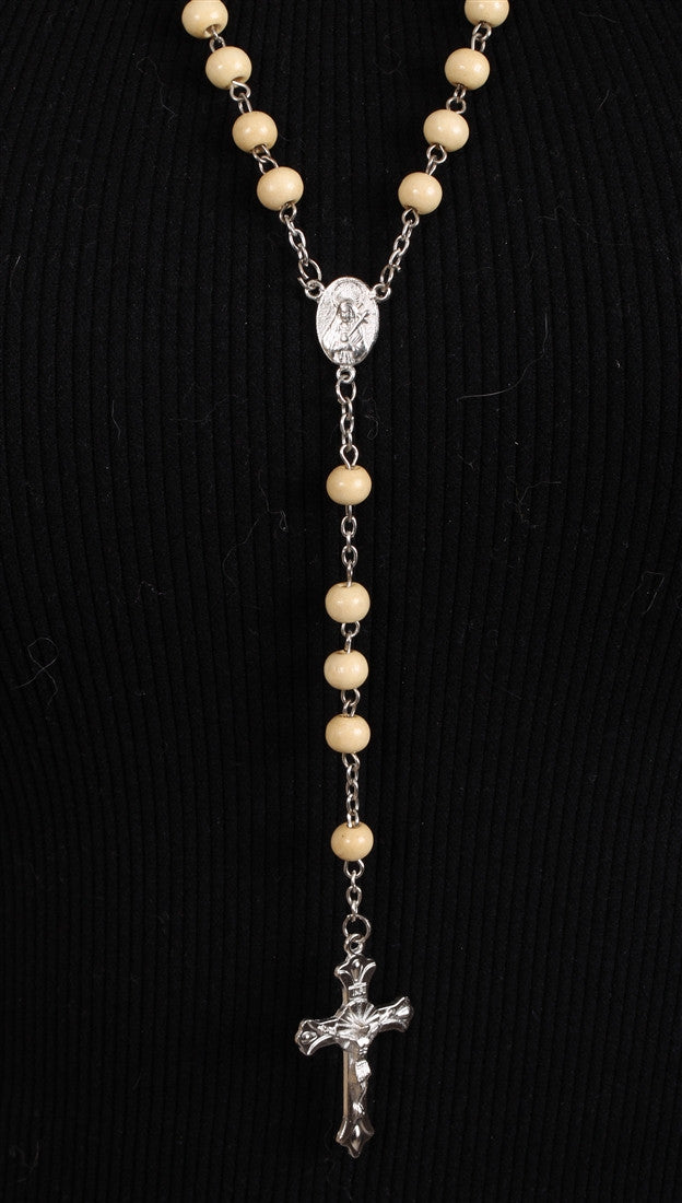 Classic Tan Wood Bead Rosary w/ Silver Cross