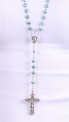 Blue Heart Mother of Pearl Bead Silver Rosary Necklace
