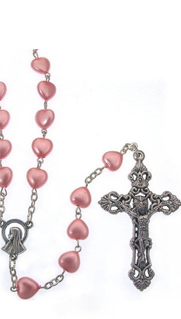 Pink Mother of Pearl Heart Bead Silver Rosary Necklace