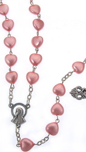 Pink Mother of Pearl Heart Bead Silver Rosary Necklace