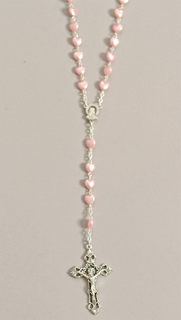 Pink Mother of Pearl Heart Bead Silver Rosary Necklace