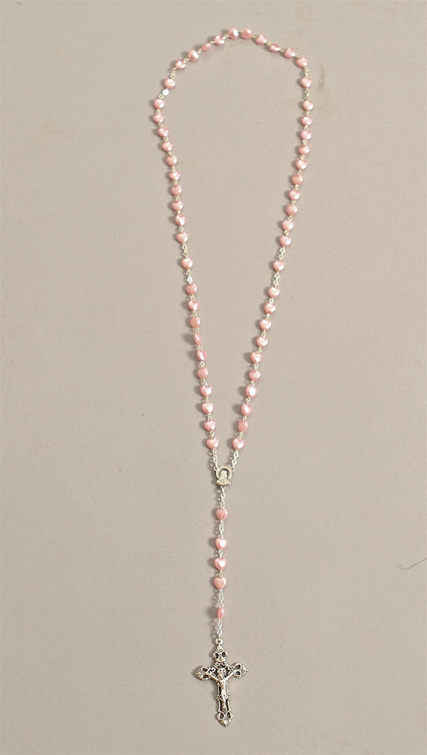 Pink Mother of Pearl Heart Bead Silver Rosary Necklace