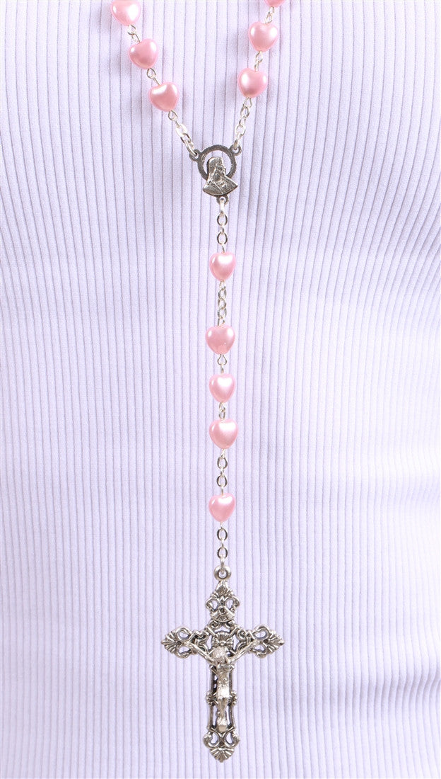 Pink Mother of Pearl Heart Bead Silver Rosary Necklace