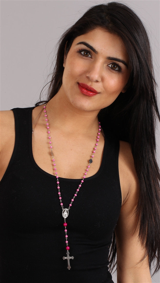 The Rhinestone Pink Fuchsia Bead Rosary Necklace Silver Cross