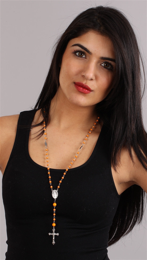 The Rhinestone Neon Orange Pearl Bead Rosary Necklace Silver Cross
