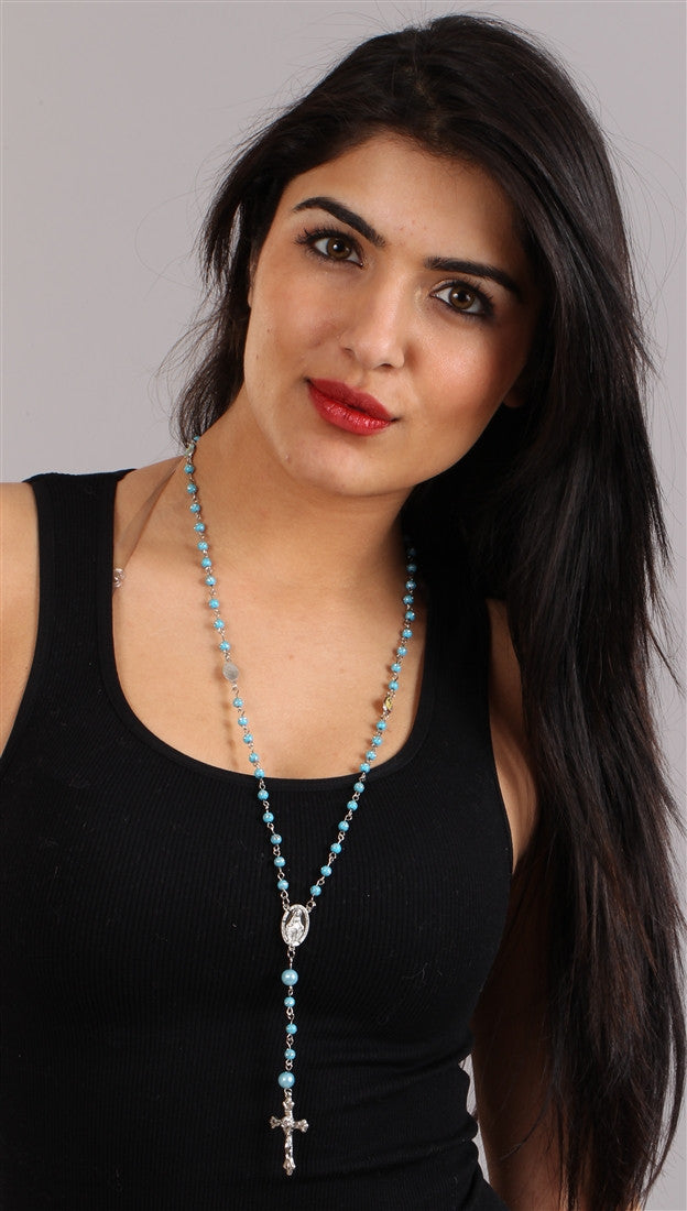 The Rhinestone Light Baby Blue Pearl Bead Rosary Necklace Silver Cross