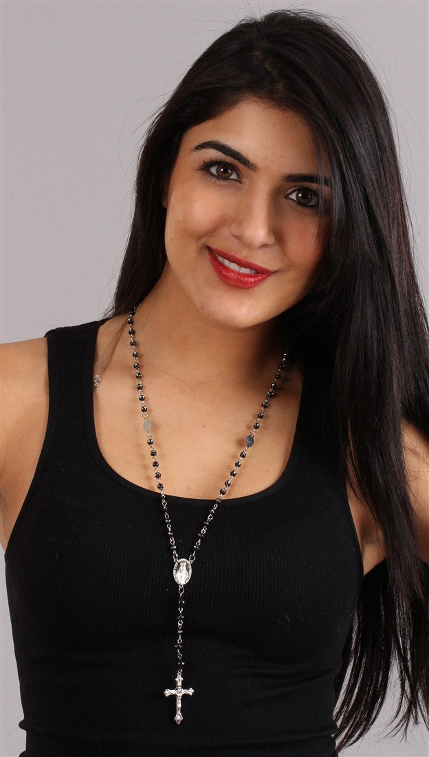 The Rhinestone Black Bead Rosary Necklace Silver Cross