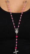 The Rhinestone Pearl Hot Pink Bead Rosary Necklace Silver Cross