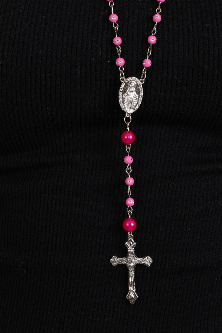The Rhinestone Purple Pearlized Pink Bead Rosary Necklace Silver Cross