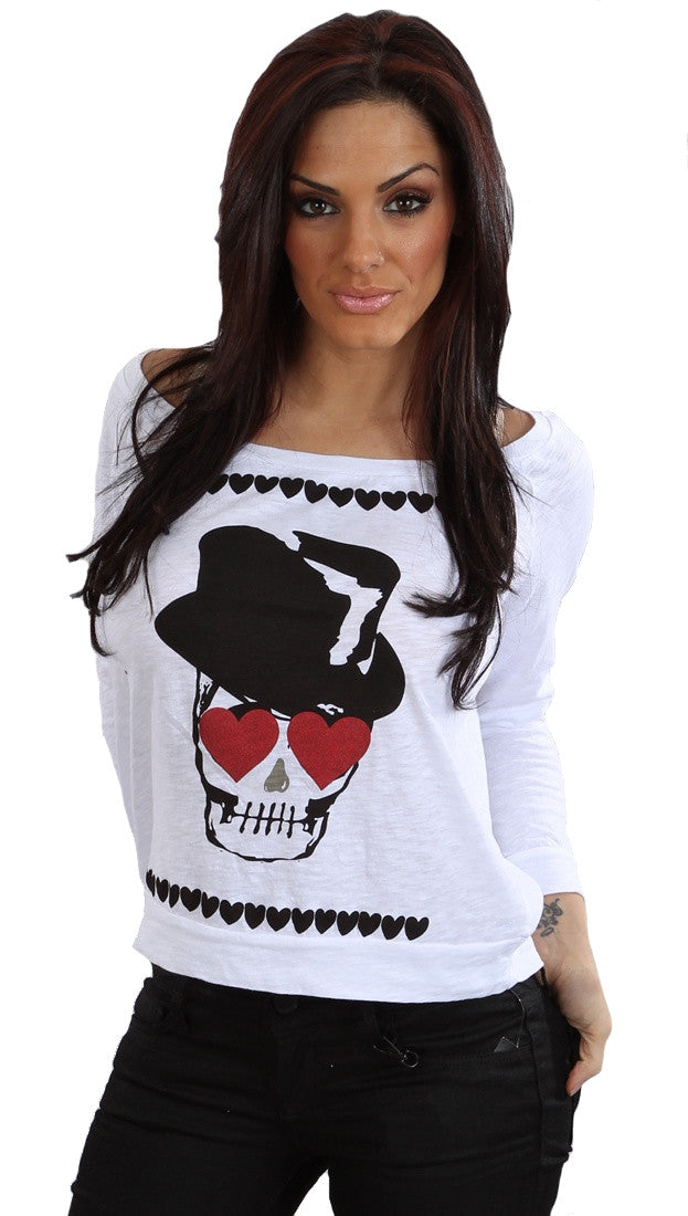 Sauce Heart Eyes Black Top Had Skull Head Long Sleeve Shirt White 