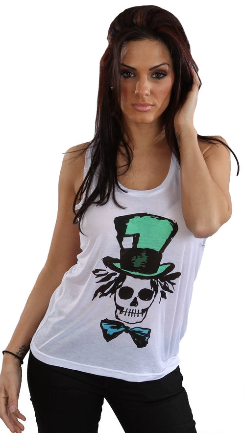 Sauce Mad Hatter Skull Muscle Tee Tank in White 