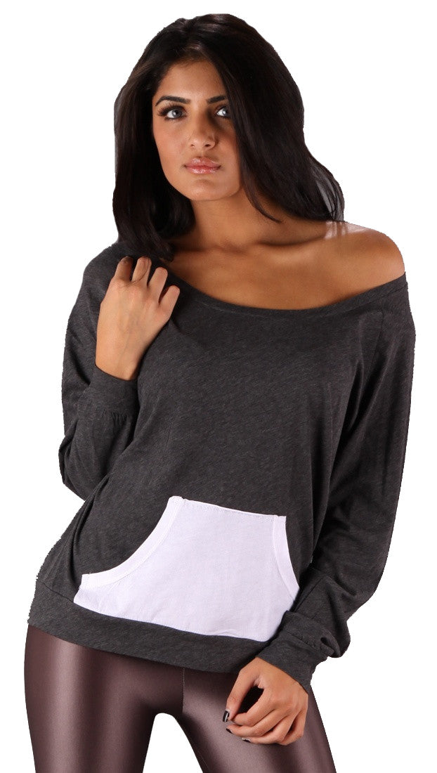 Sauce Long Sleeve Contrast Kangaroo Pocket Boat Neck Tee Grey White