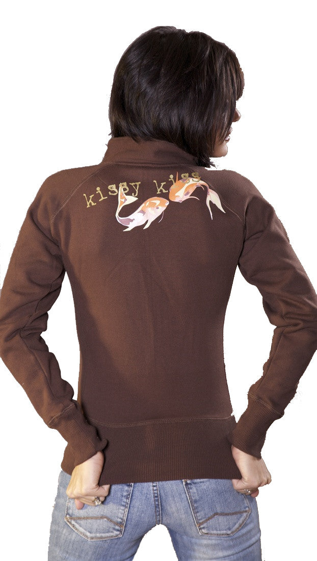 Kissy Kiss Zip Up Track Jacket Sweatshirt in Brown
