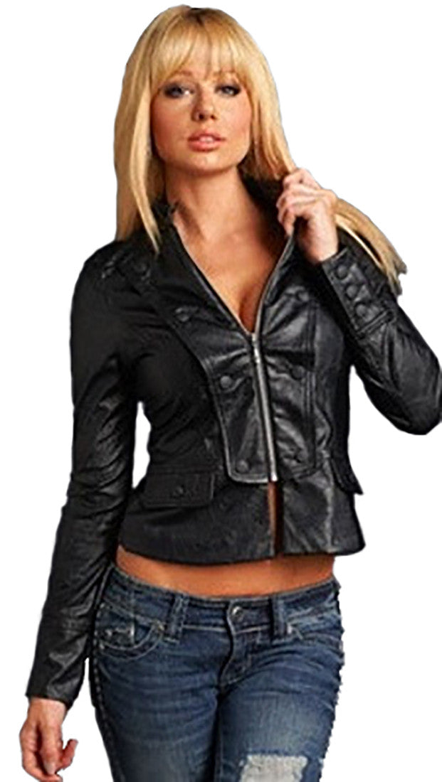 Sinful Dagger Faux Leather Motorcycle Crop Jacket in Black 