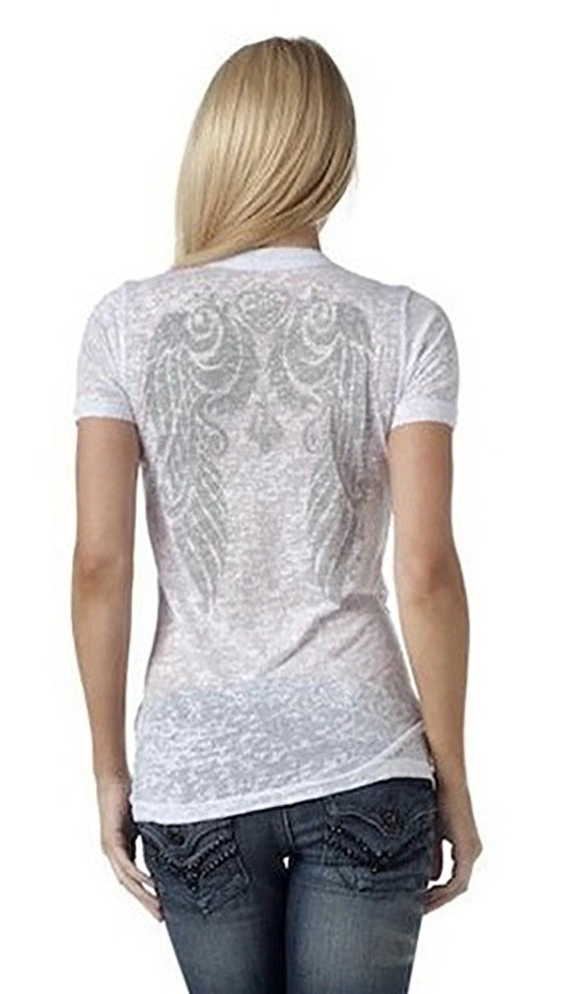 Sinful Torn Apart V Neck Burnout Tee Rhinestone Angel Wings in White