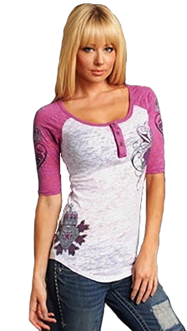 Sinful Sage Baby Button Burnout Rhinestone Raglan Henley Tee Shirt