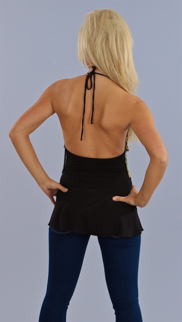 Sky Gaga Tiger Sequin Halter Top in Black