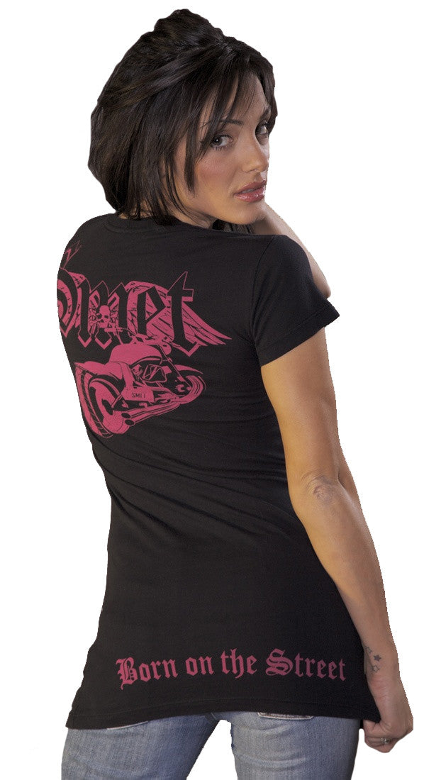 Smet Born on the Streets Pink Motorcycle Skull Tee Shirt Black 