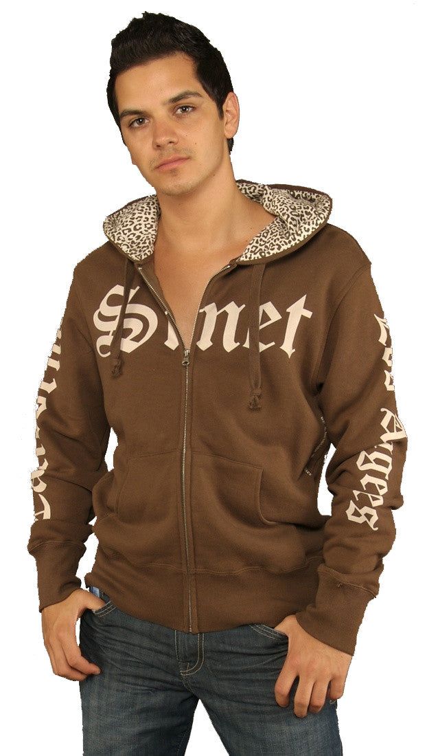 Smet Mens Leopard Animal Print Skull Zip Up Hoody Sweatshirt Brown