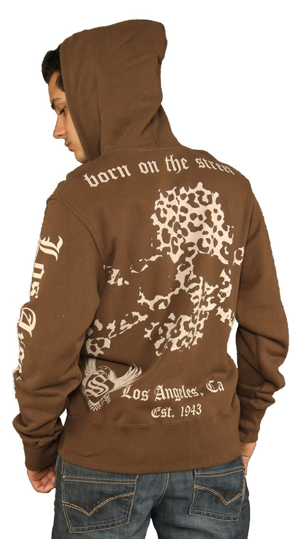 Smet Mens Leopard Animal Print Skull Zip Up Hoody Sweatshirt Brown
