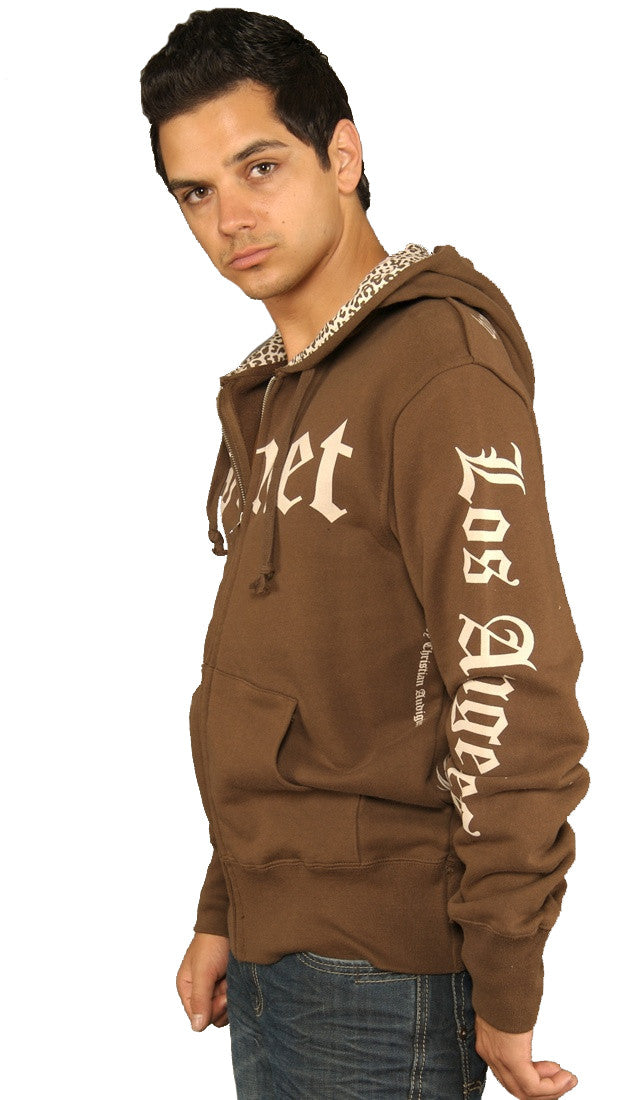 Smet Mens Leopard Animal Print Skull Zip Up Hoody Sweatshirt Brown