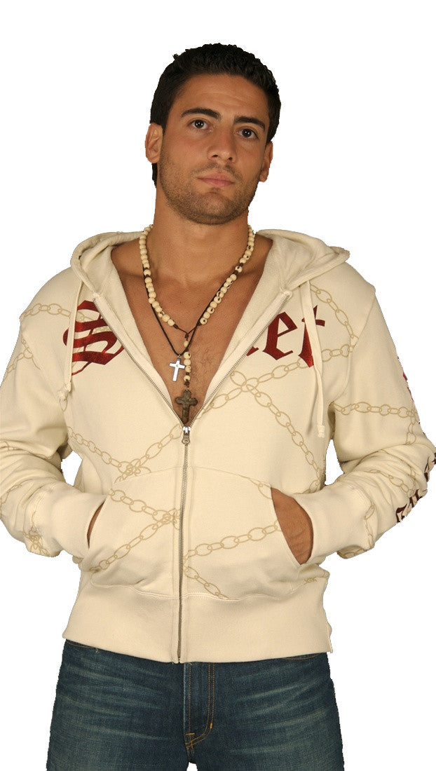 Smet Mens Dragon Chain Link Pattern Zip Up Hoodie Sweatshirt Cream 