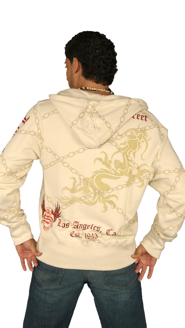 Smet Mens Dragon Chain Link Pattern Zip Up Hoodie Sweatshirt Cream 