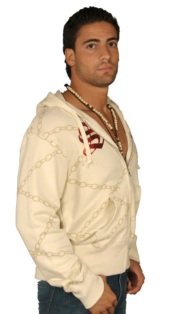 Smet Mens Dragon Chain Link Pattern Zip Up Hoodie Sweatshirt Cream 