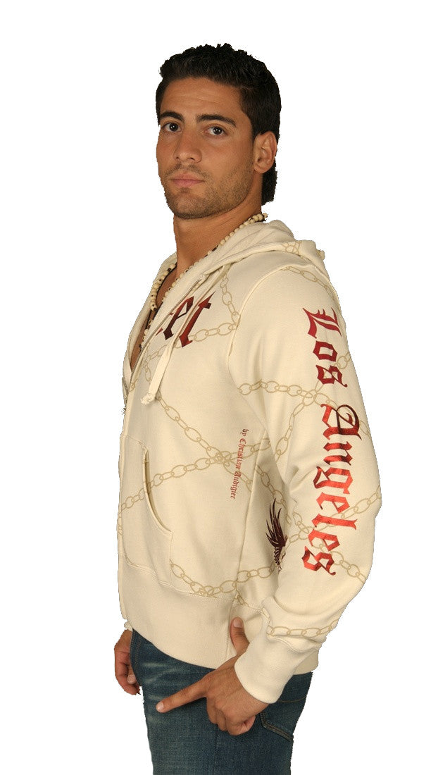 Smet Mens Dragon Chain Link Pattern Zip Up Hoodie Sweatshirt Cream 