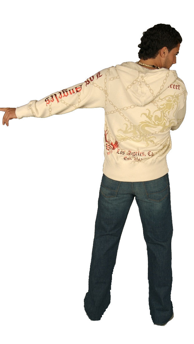 Smet Mens Dragon Chain Link Pattern Zip Up Hoodie Sweatshirt Cream 