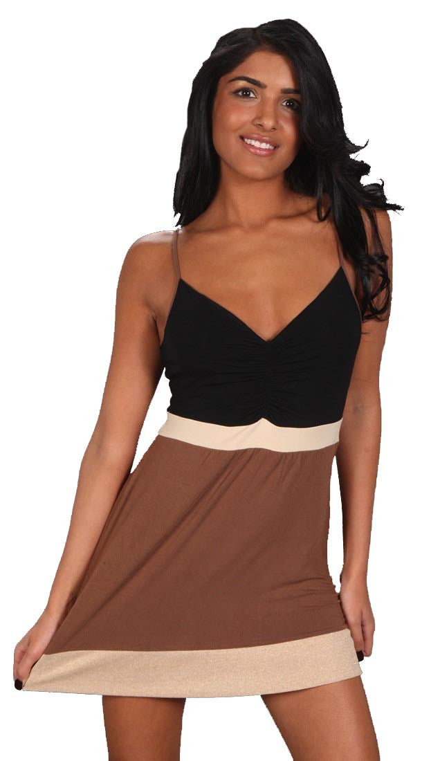 Sweetees Katia Color Block V Neck Tunic Tank Black Brown Gold 