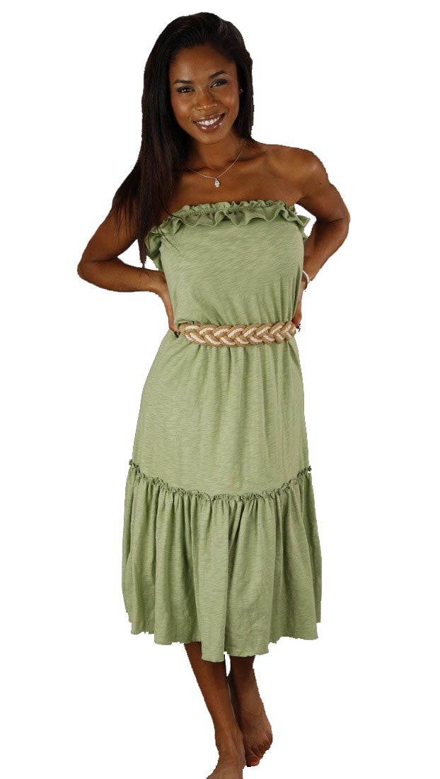 Sweetees Cinnamon Strapless Ruffle Soy Dress Braided Rope Belt Green 