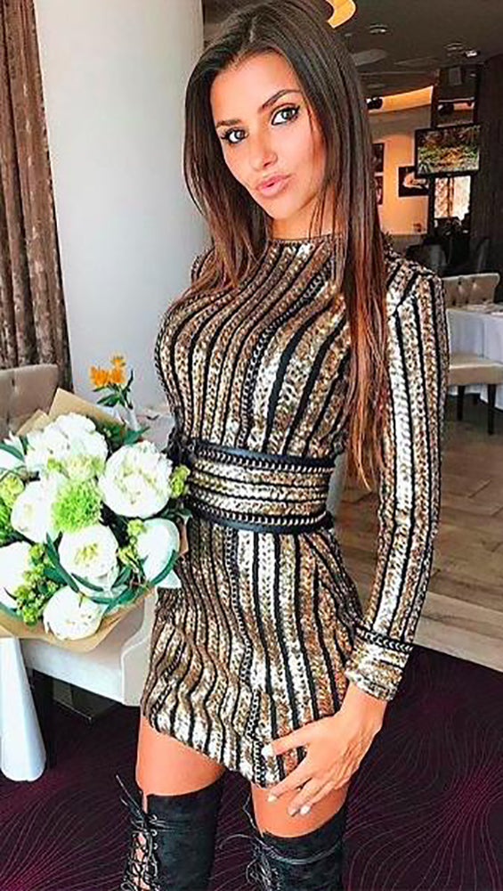 The Ivanka Long Sleeved Gold Sequin Mini Belted Dress Black – ShopAA