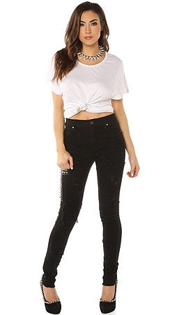 The High Waisted Ripped & Studded Cross Skinny Jean in Black by Tripp NYC @  Apparel Addiction - Spikes - Distressed – ShopAA