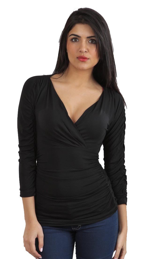 Tart Collections Emma Rouched Vneck Long Sleeve Top in Black