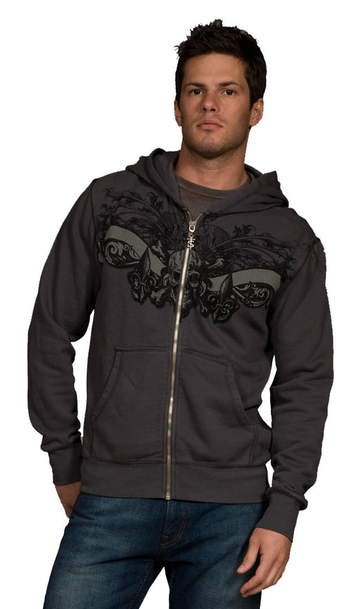 Twelve Symbols Skull and Crossbone Zip Up Hoodie Sweatshirt Grey 