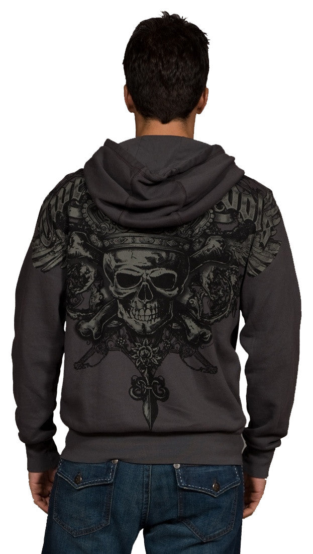 Twelve Symbols Skull and Crossbone Zip Up Hoodie Sweatshirt Grey 